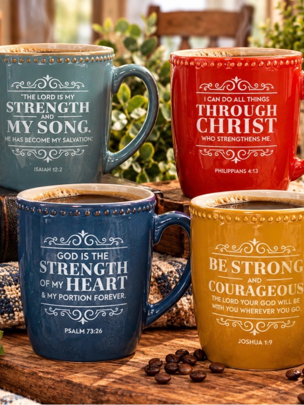 Inspirational Scripture Coffee Mug Set - Blue, Teal, Red, Mustard